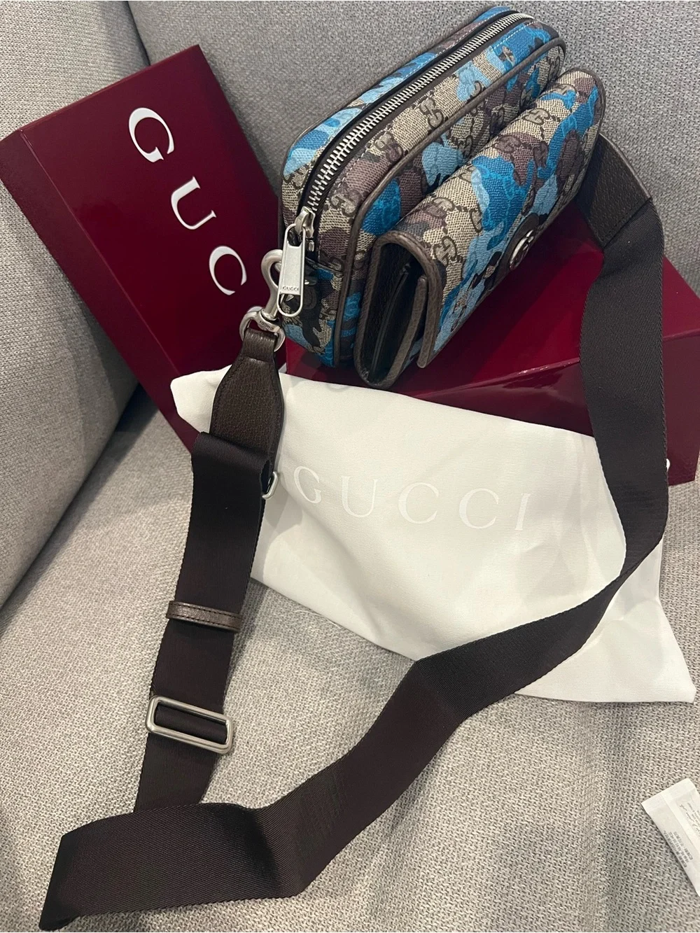 New Gucci Brown and Blue GG Supreme Camouflage Crossbody Bag